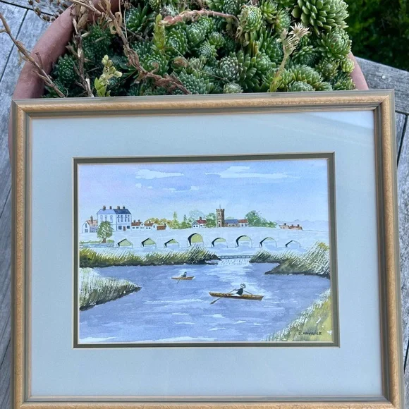 Framed Watercolor Painting fo a European Town, Rowboats by the Bridge - Picture 6 of 8